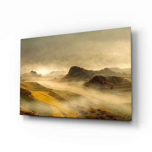 Glass wall art displaying a misty golden valley landscape with rocky hills, mounted at an angle against white background.