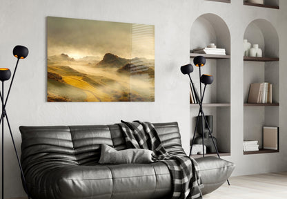 Golden Mist Rolling Hills Dawn Glass Wall Art