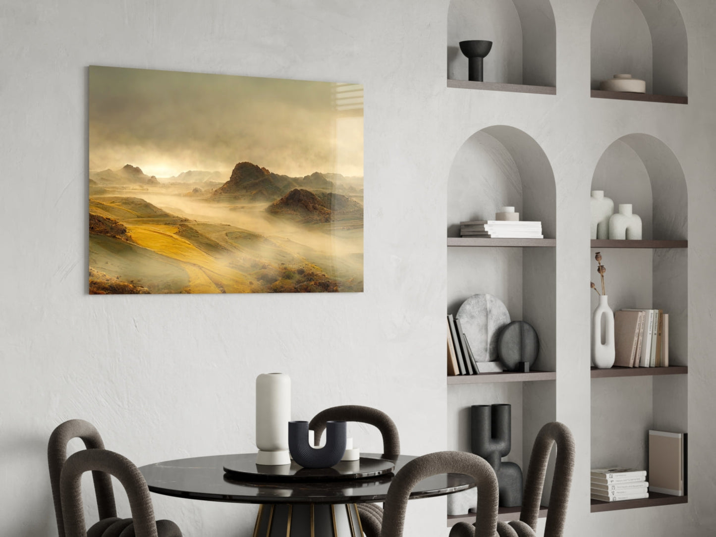 Golden Mist Rolling Hills Dawn Glass Wall Art