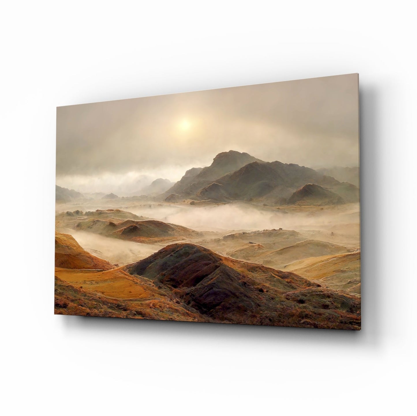 Pale Sun Foggy Ochre Hills Glass Wall Art