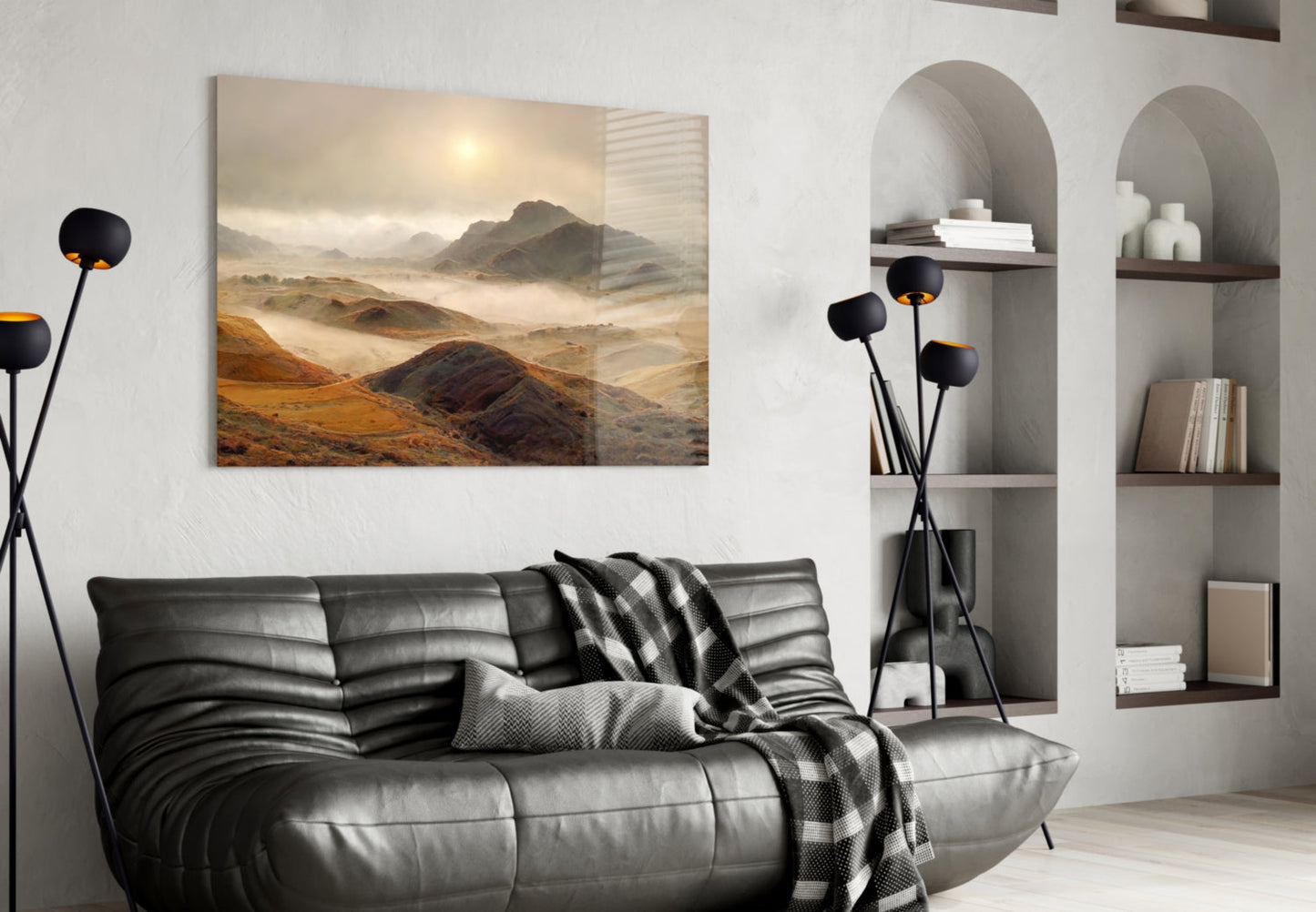 Pale Sun Foggy Ochre Hills Glass Wall Art