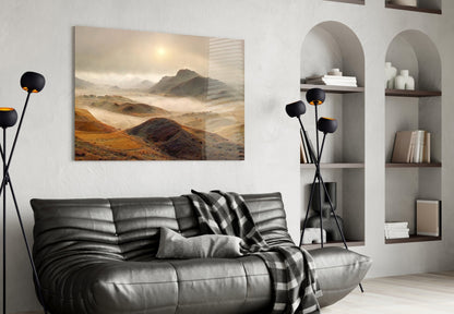 Pale Sun Foggy Ochre Hills Glass Wall Art