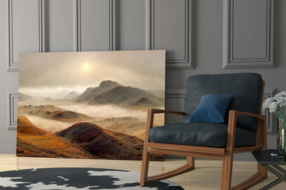 Pale Sun Foggy Ochre Hills Glass Wall Art