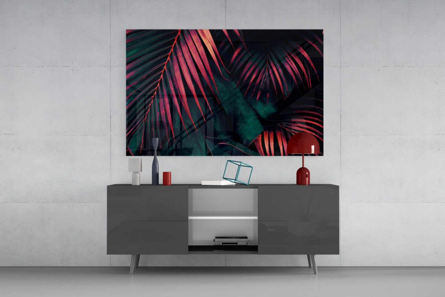 Crimson Palm Fronds Jungle Glass Wall Art