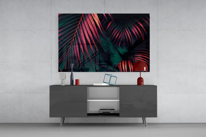 Crimson Palm Fronds Jungle Glass Wall Art