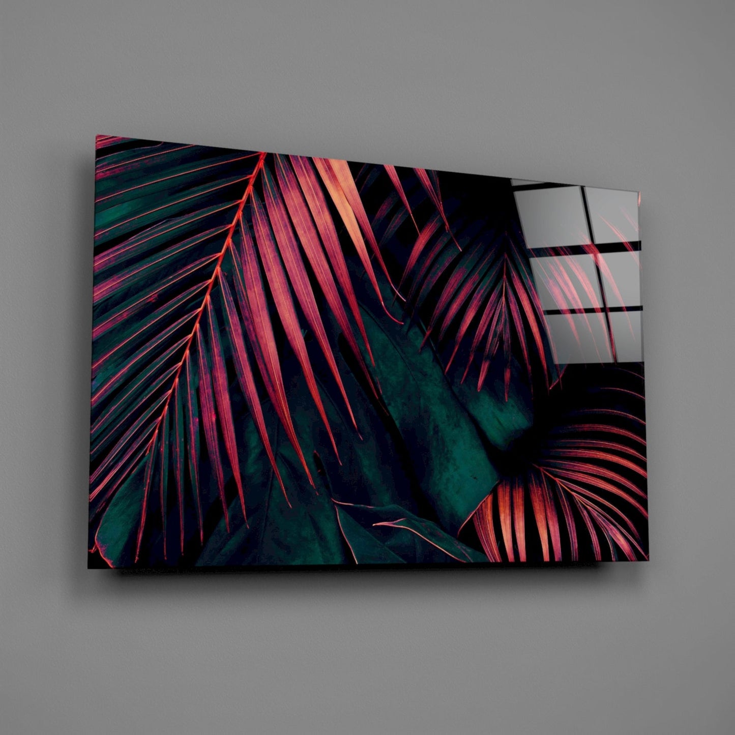 Crimson Palm Fronds Jungle Glass Wall Art