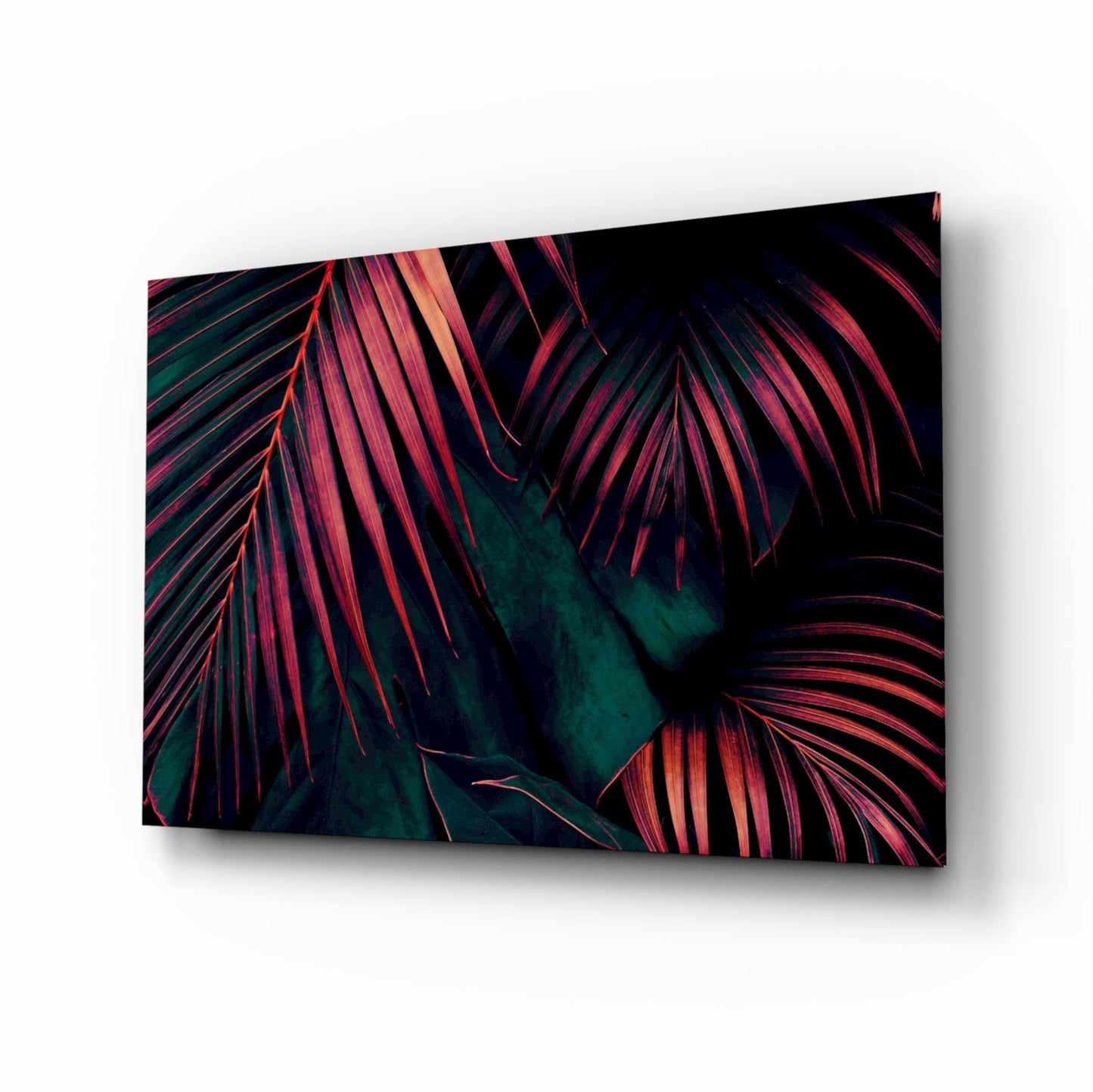 Crimson Palm Fronds Jungle Glass Wall Art