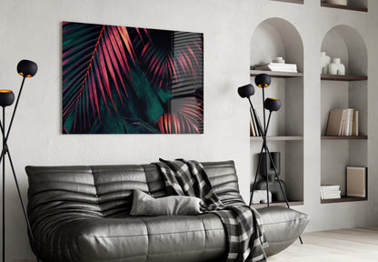 Crimson Palm Fronds Jungle Glass Wall Art