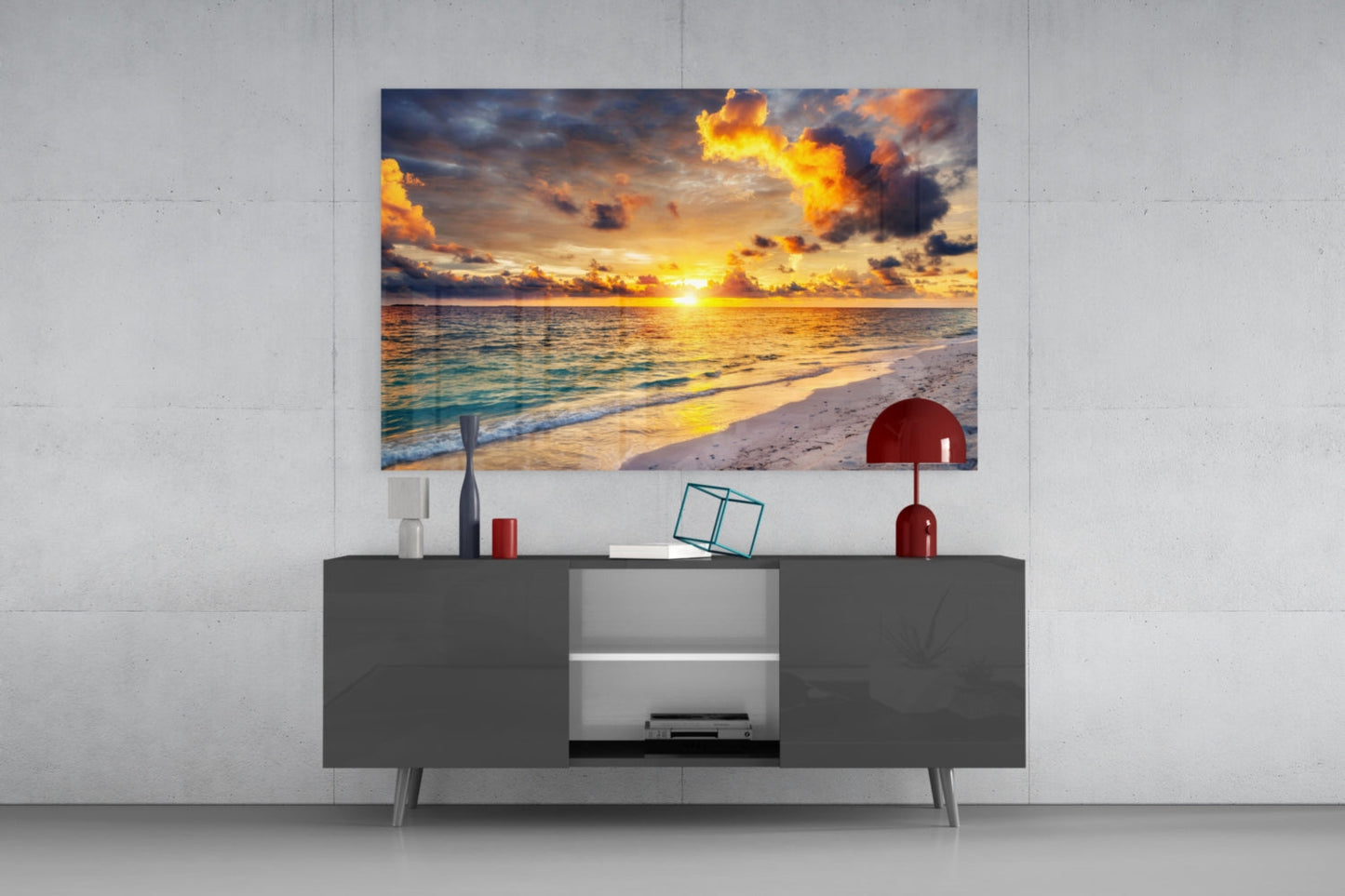 Fiery Clouds Turquoise Beach Glass Wall Art