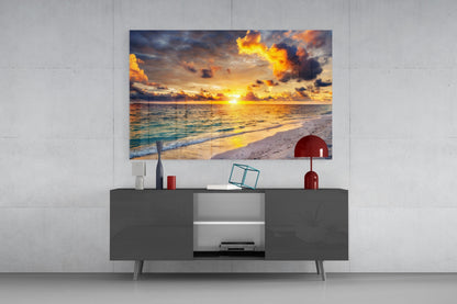 Fiery Clouds Turquoise Beach Glass Wall Art