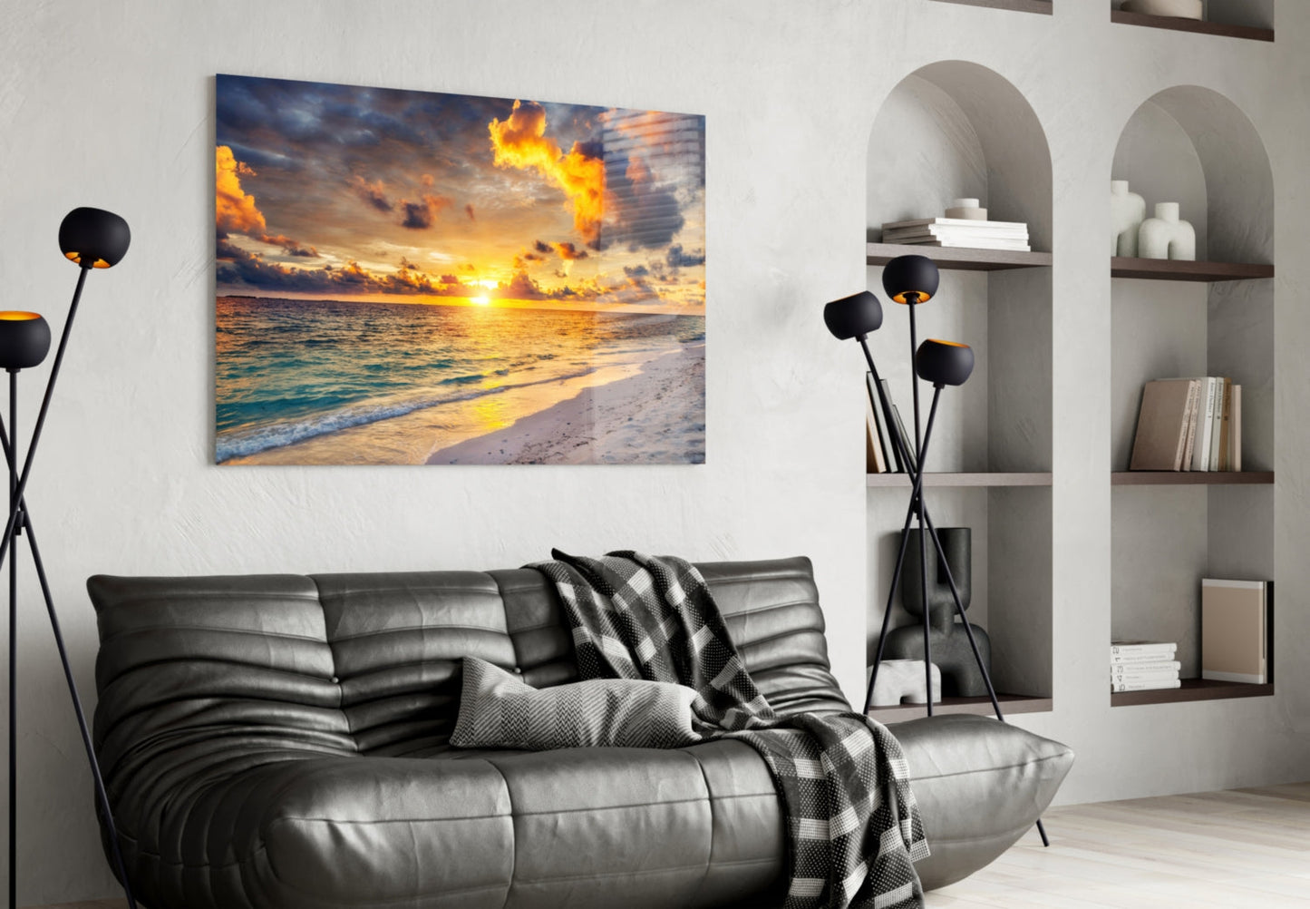 Fiery Clouds Turquoise Beach Glass Wall Art
