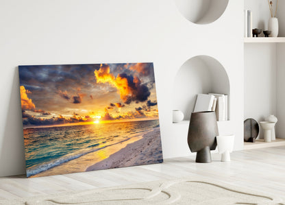 Fiery Clouds Turquoise Beach Glass Wall Art