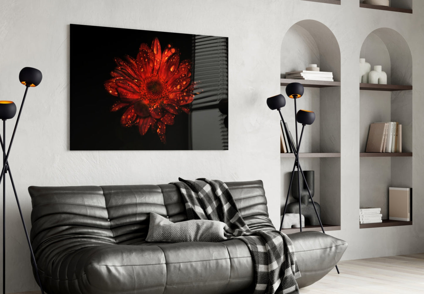 Red Dewy Gerbera Flower Glass Wall Art