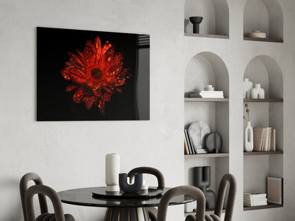Red Dewy Gerbera Flower Glass Wall Art