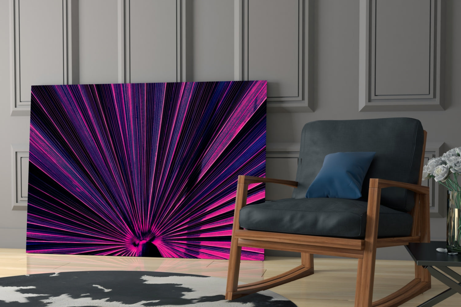 Vibrant magenta and blue radiating lines glass art panel displayed in modern living room interior with wooden chair.