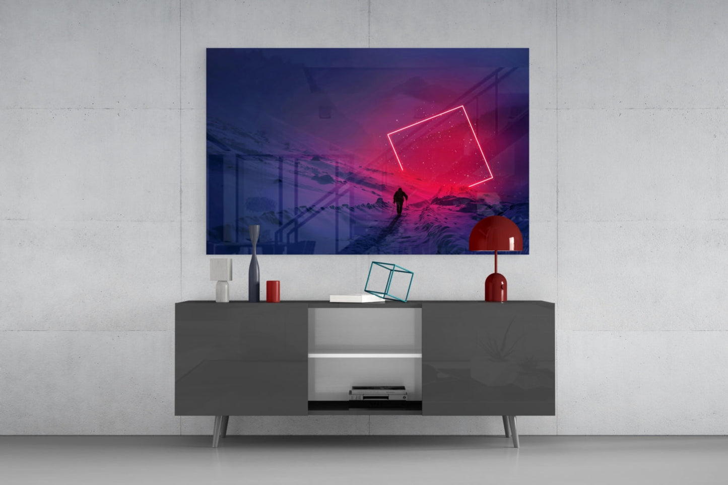 Journey Glass Wall Art mounted above gray media console, displaying neon pink square on purple landscape with silhouette figure.