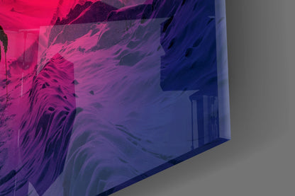 Angled side view of glass wall art with magenta-to-blue gradient landscape scene featuring mountains and architectural elements.