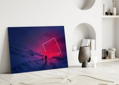 Journey Glass Wall Art leaning against white wall displaying neon pink rectangle over purple twilight landscape scene.