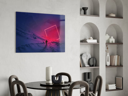 Modern dining room with neon pink geometric shape glass wall art above round black table and curved chairs, beside white arched shelving unit.