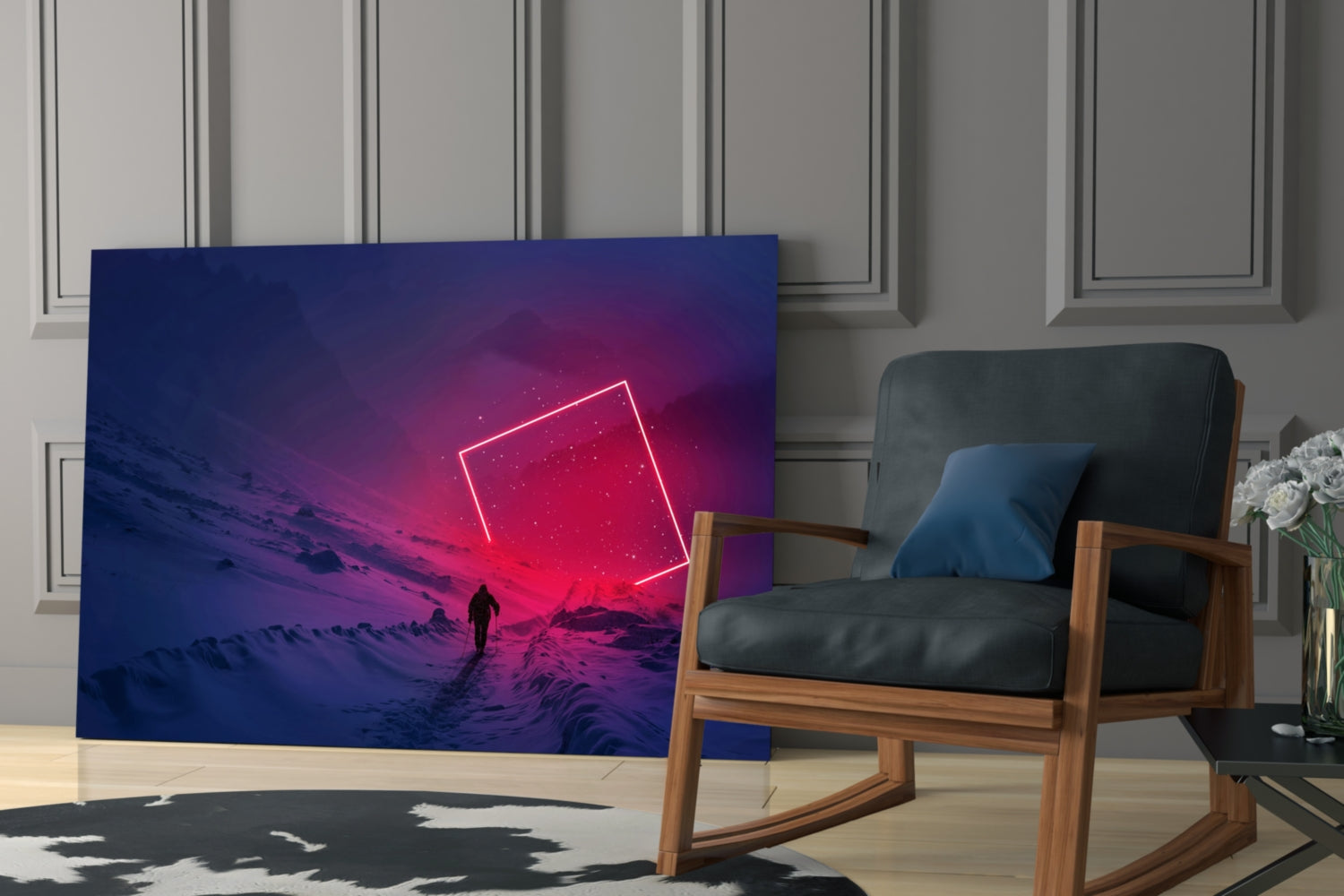 Journey Glass Wall Art displayed on a stand in a modern living room setting, featuring a neon-glowing geometric shape over a purple-toned desert landscape.
