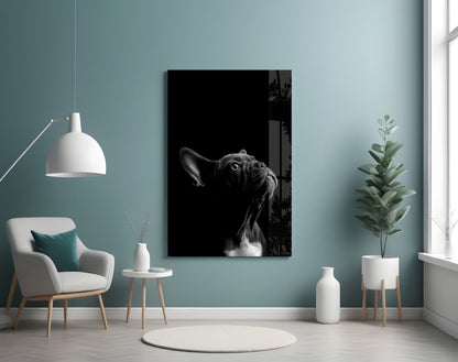 Black and white bulldog glass wall art mounted on pale blue wall in minimalist room setting with white furniture and plants.