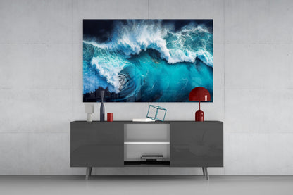 Deep Blue Crashing Waves Glass Wall Art