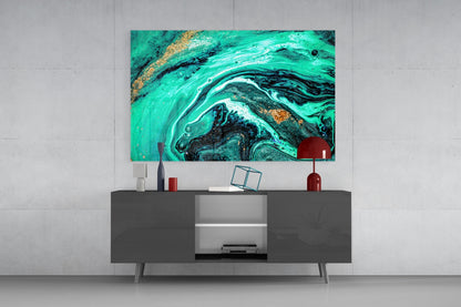 Turquoise Gold Marble Swirl Art Glass Wall Art