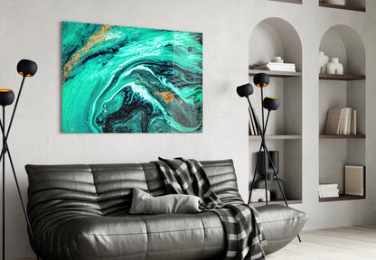 Turquoise Gold Marble Swirl Art Glass Wall Art