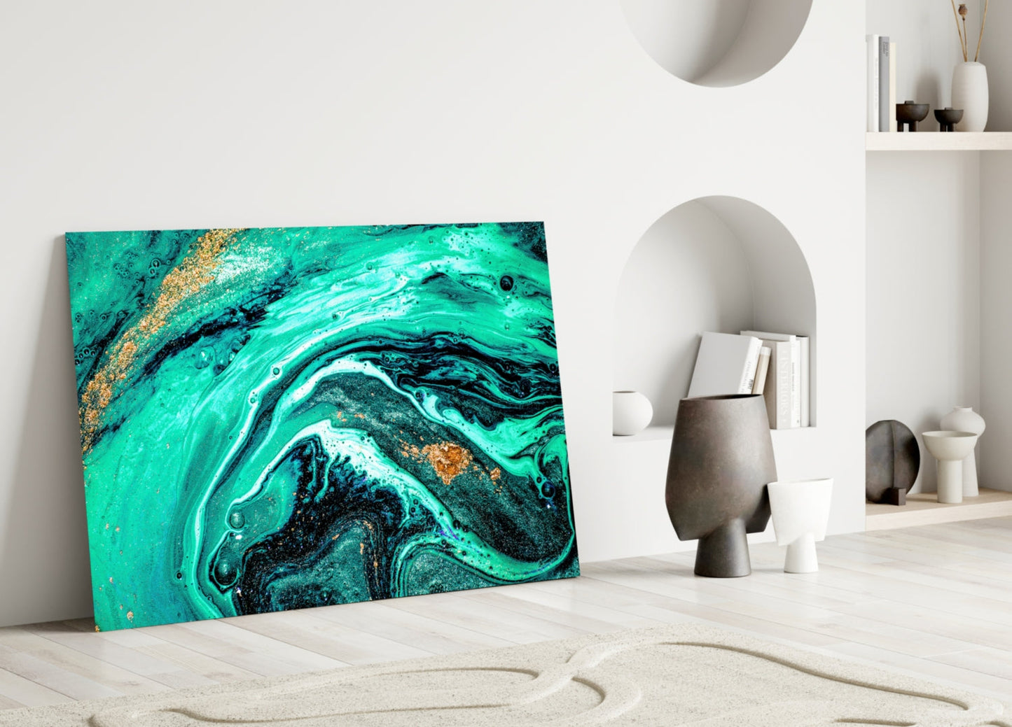 Turquoise Gold Marble Swirl Art Glass Wall Art