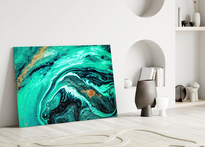 Turquoise Gold Marble Swirl Art Glass Wall Art