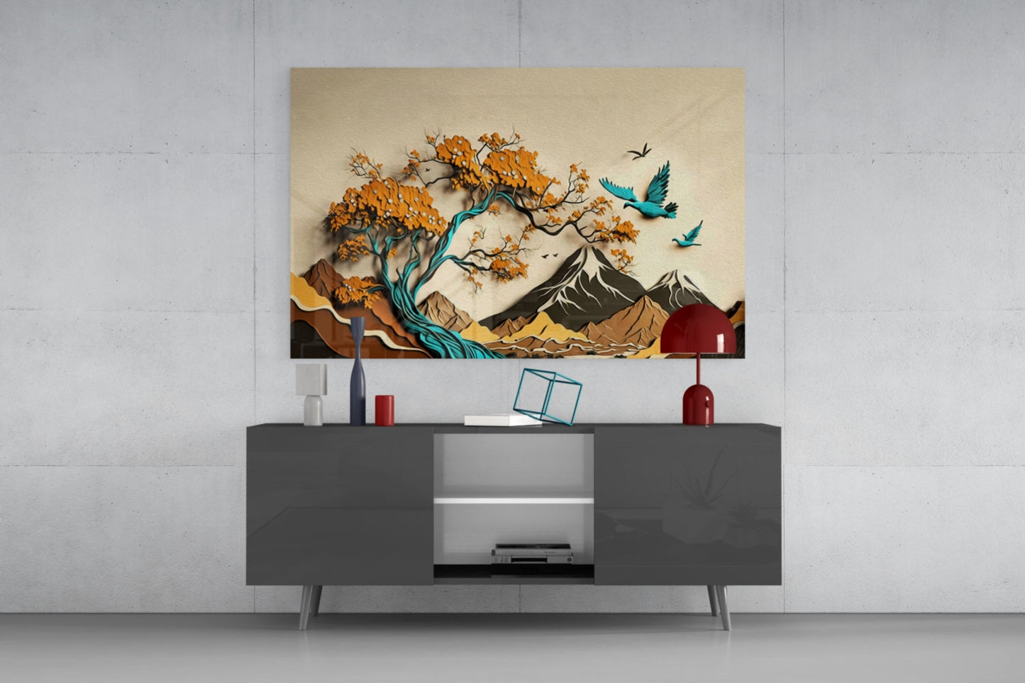 Orange Tree and Teal Birds Mountain Art Glass Wall Art