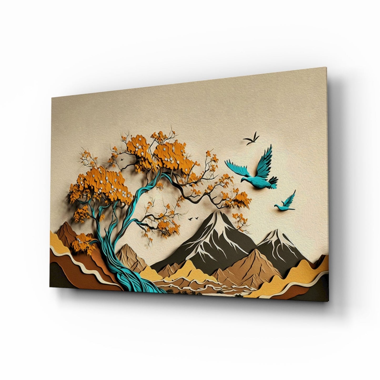 Orange Tree and Teal Birds Mountain Art Glass Wall Art