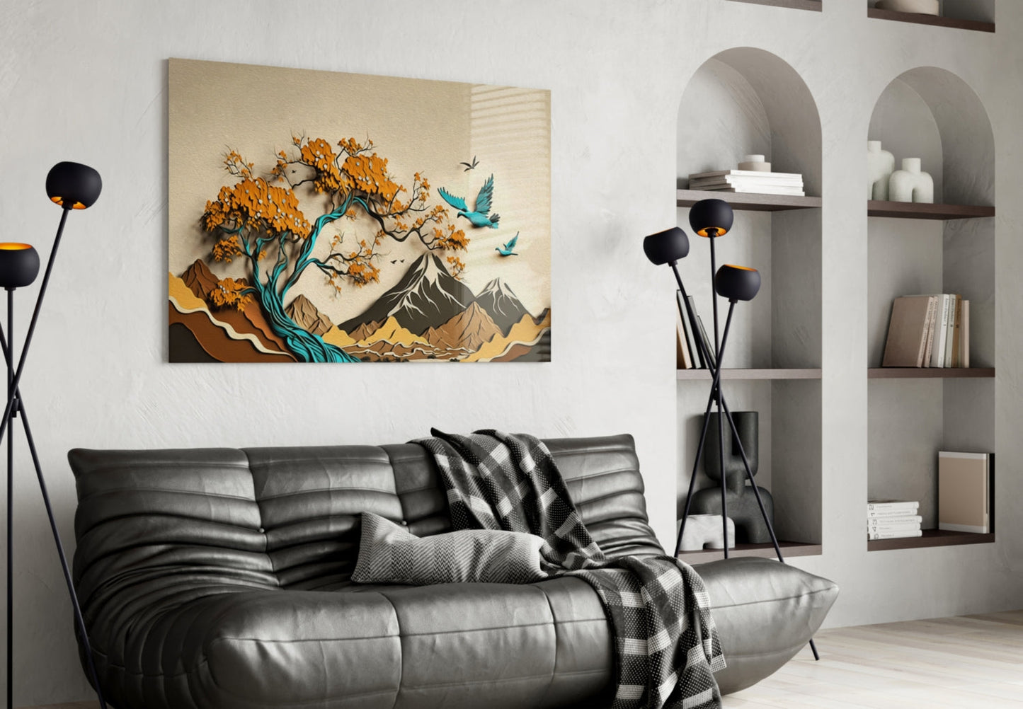 Orange Tree and Teal Birds Mountain Art Glass Wall Art