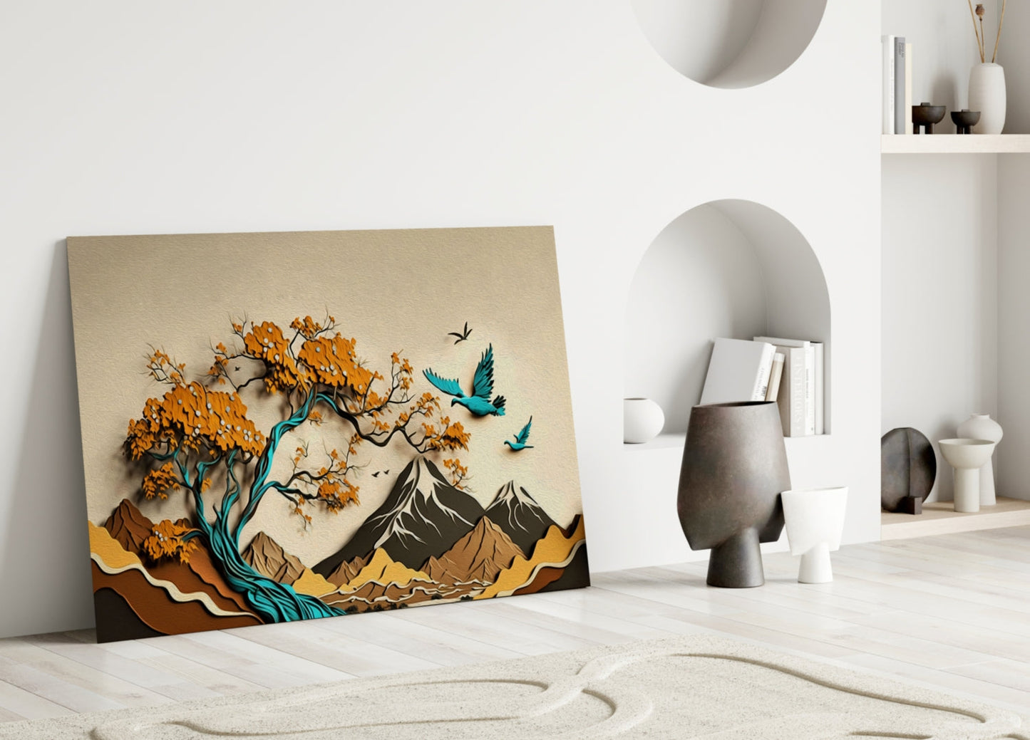 Orange Tree and Teal Birds Mountain Art Glass Wall Art