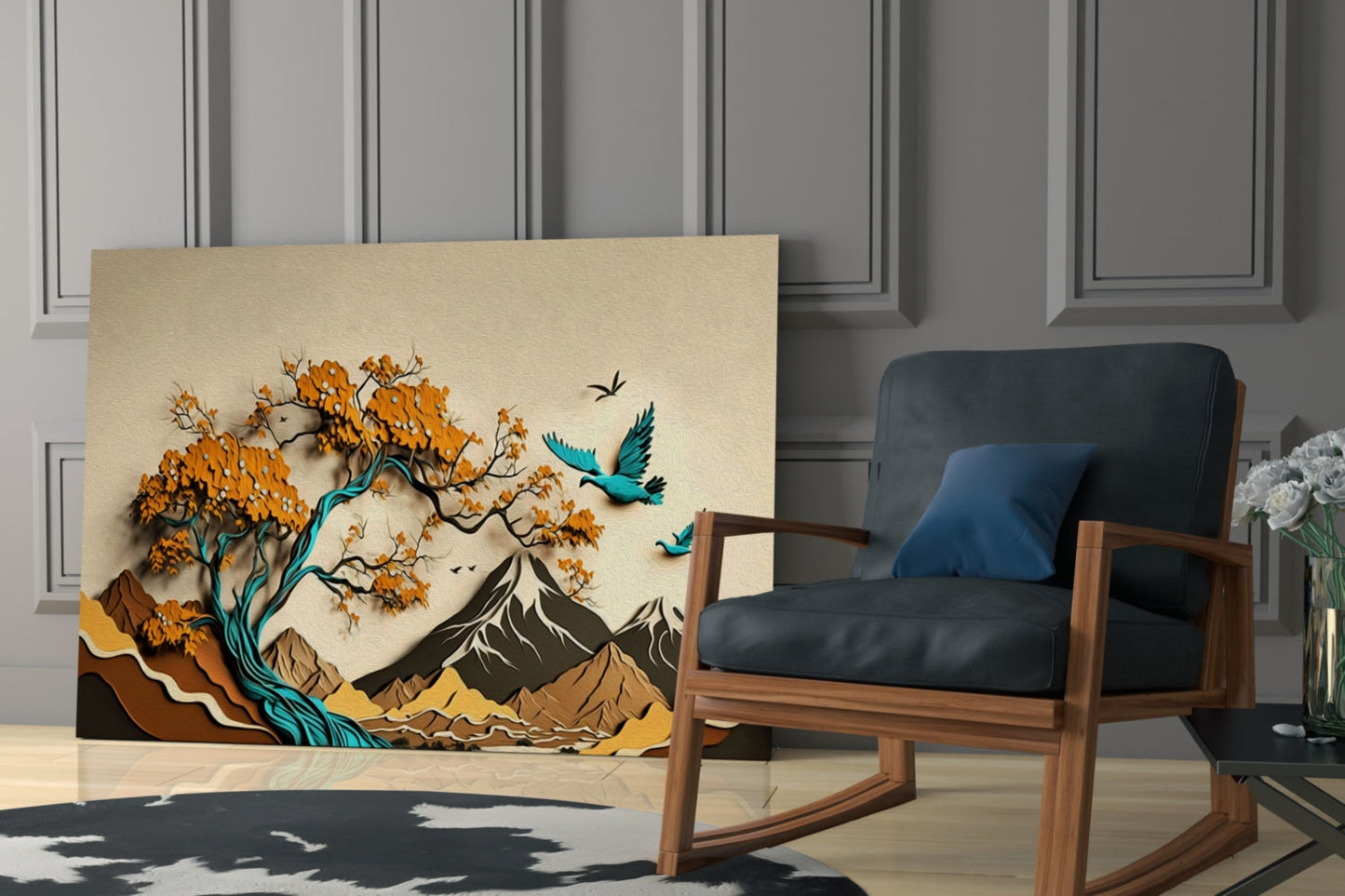 Orange Tree and Teal Birds Mountain Art Glass Wall Art