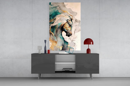 Teal and Gold Marble Horse Glass Wall Art