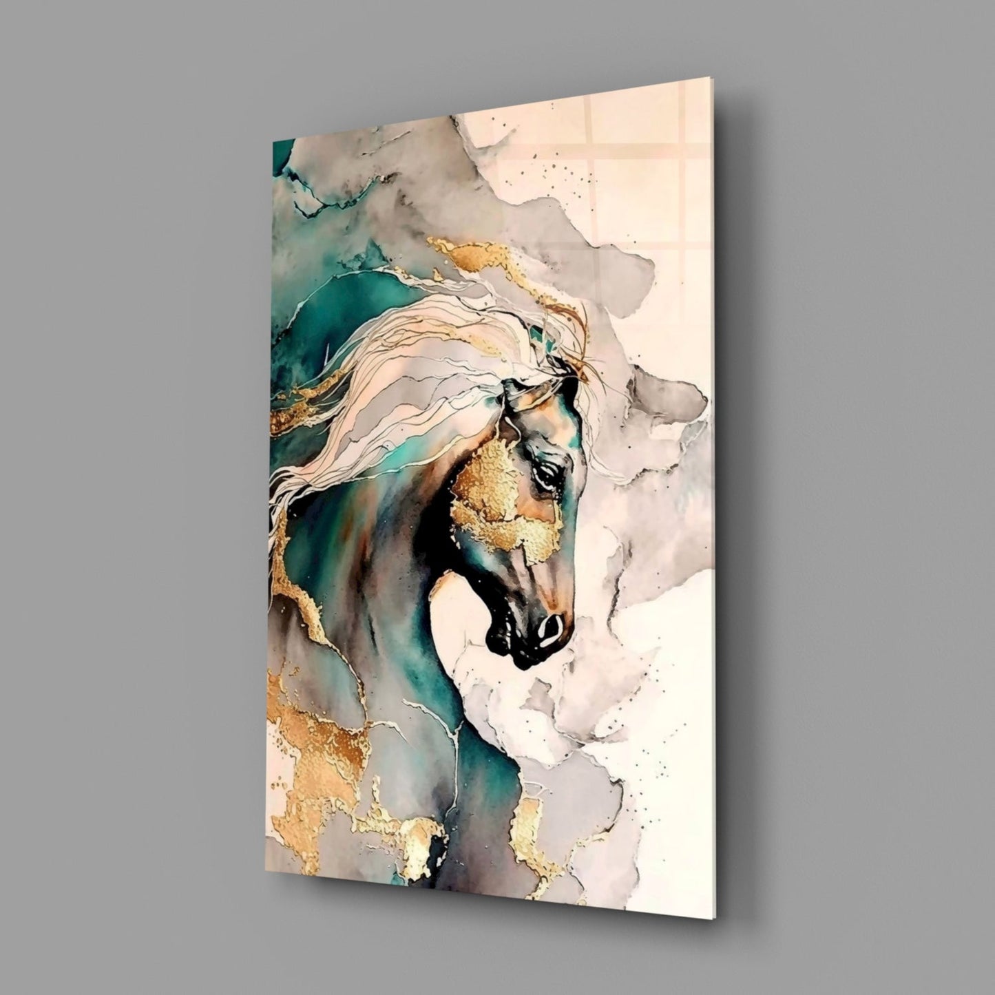 Teal and Gold Marble Horse Glass Wall Art