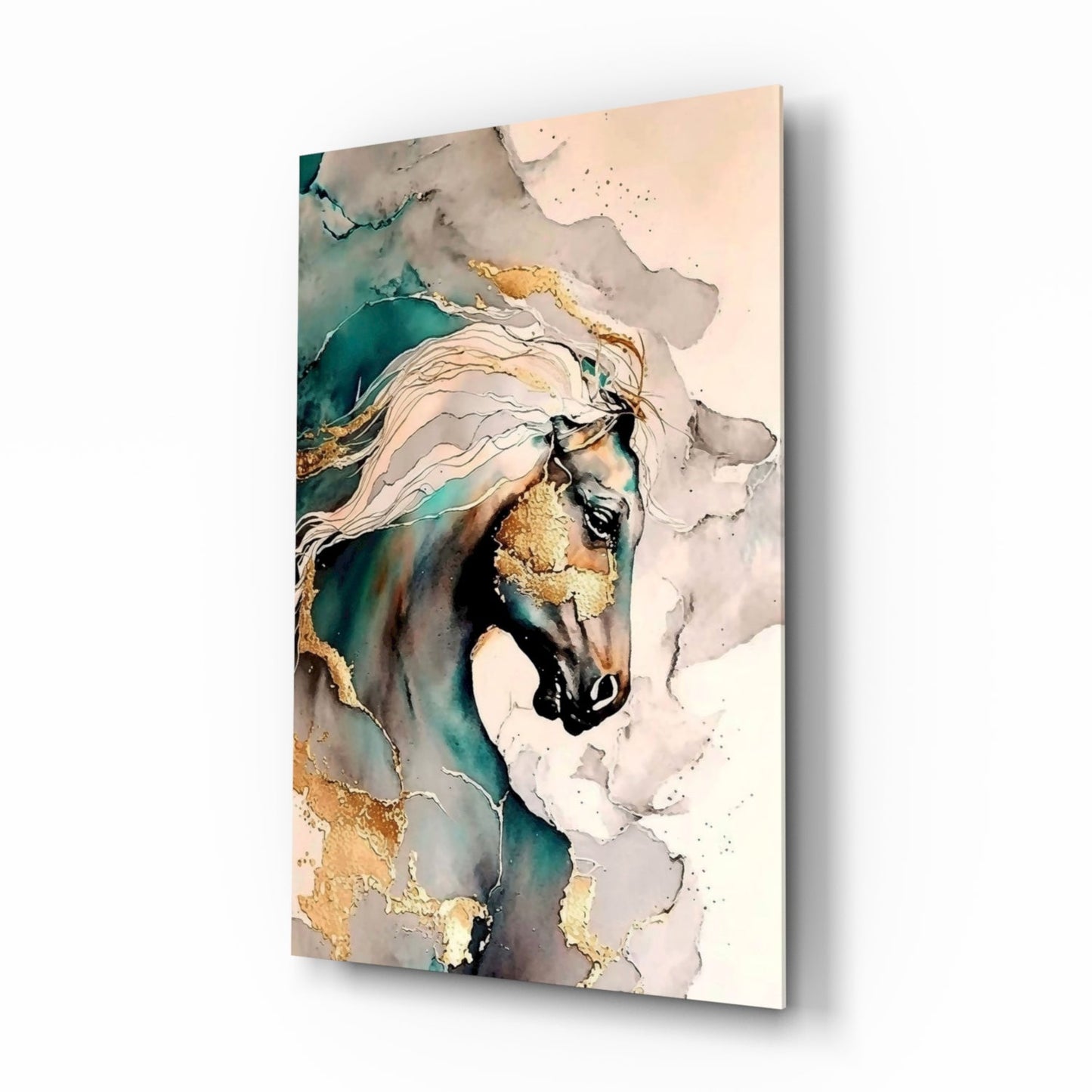 Teal and Gold Marble Horse Glass Wall Art