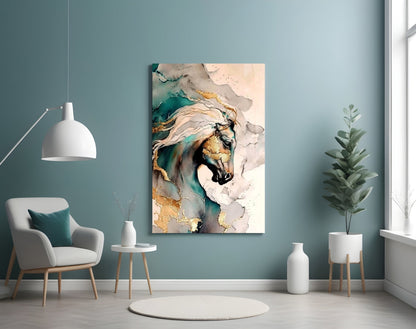 Teal and Gold Marble Horse Glass Wall Art