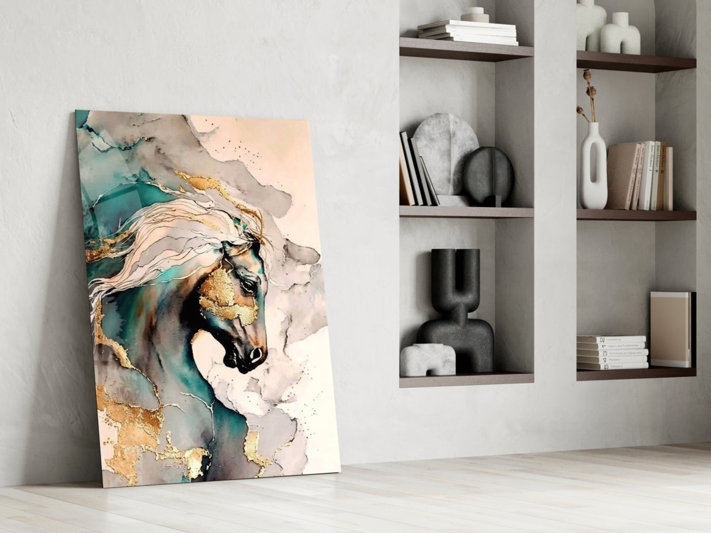 Teal and Gold Marble Horse Glass Wall Art