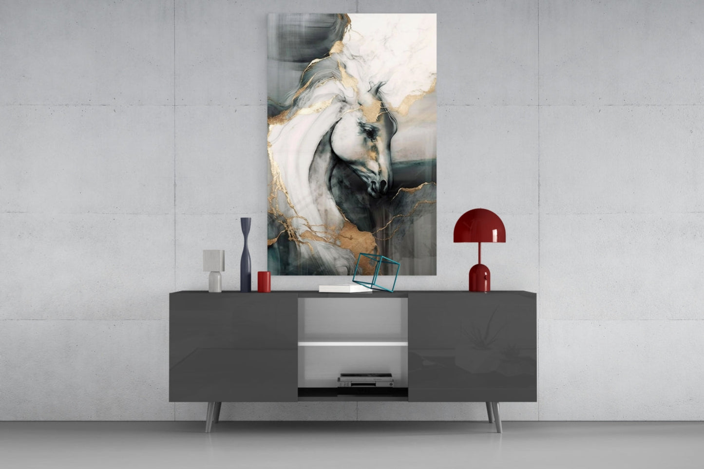 Black and Gold Marble Horse Glass Wall Art