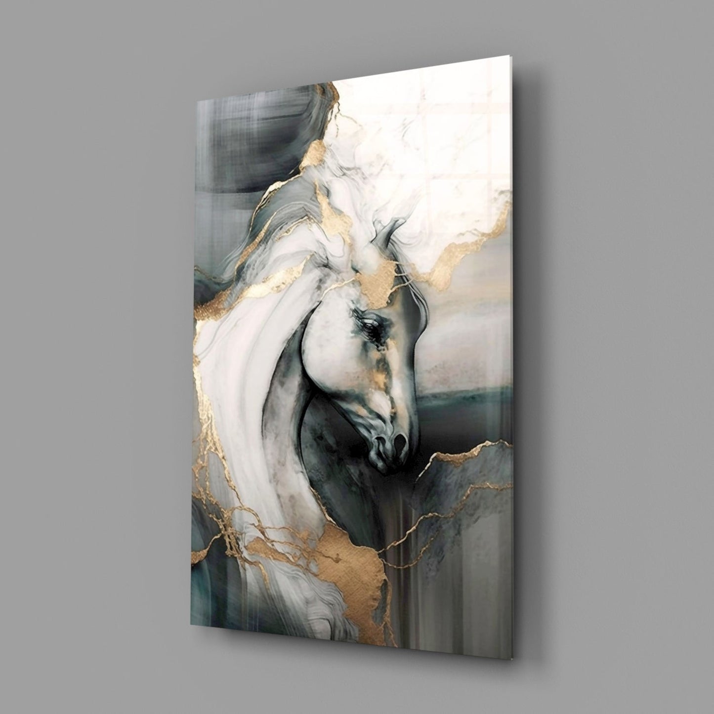 Black and Gold Marble Horse Glass Wall Art