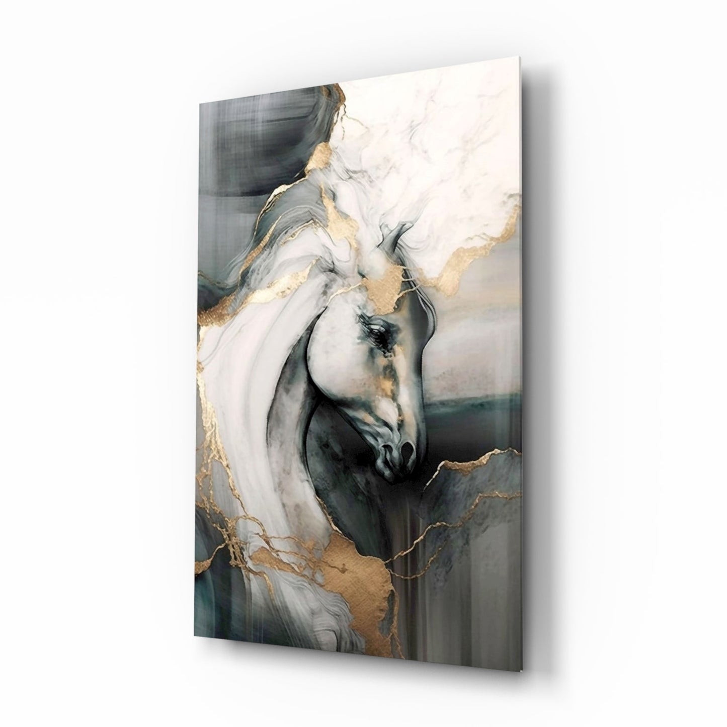 Black and Gold Marble Horse Glass Wall Art