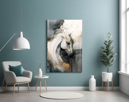 Black and Gold Marble Horse Glass Wall Art