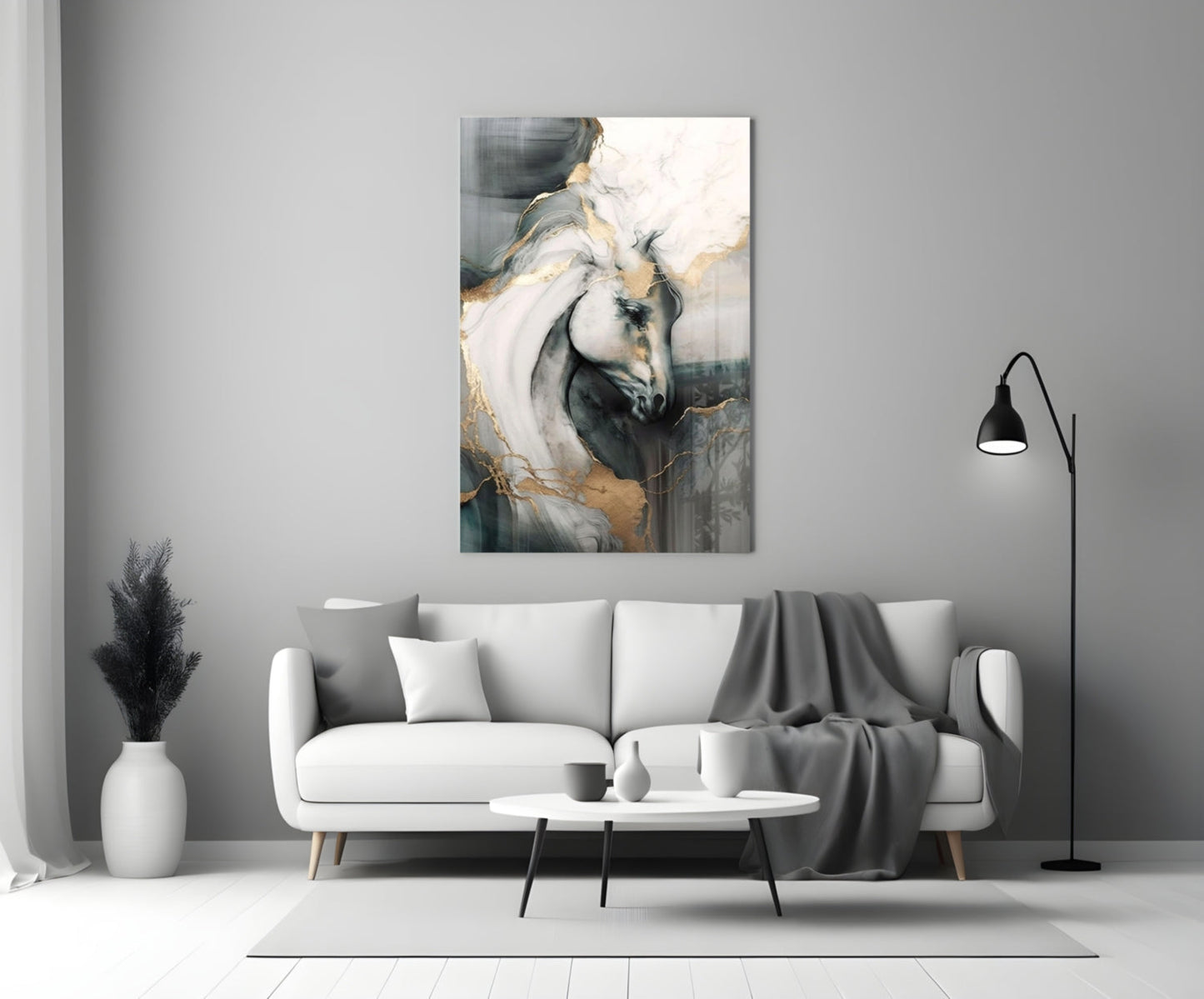 Black and Gold Marble Horse Glass Wall Art