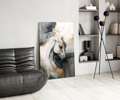 Black and Gold Marble Horse Glass Wall Art
