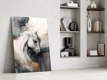 Black and Gold Marble Horse Glass Wall Art