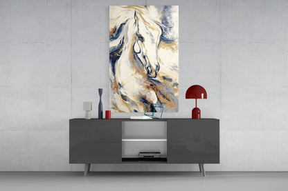 White Horse Navy Gold Marble Glass Wall Art