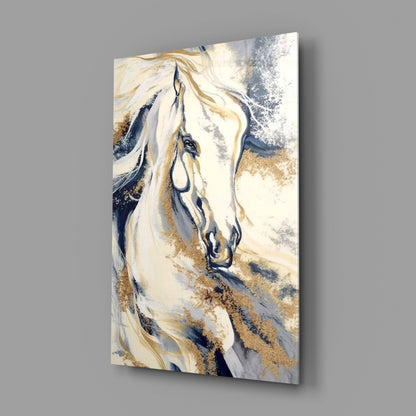White Horse Navy Gold Marble Glass Wall Art
