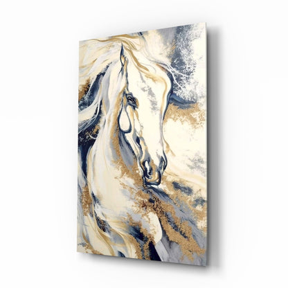 White Horse Navy Gold Marble Glass Wall Art